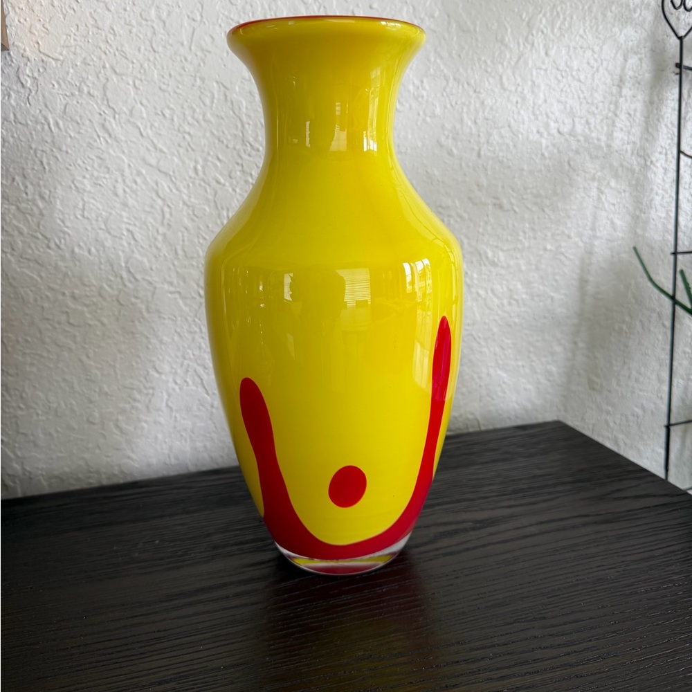 Vintage Bright Art Glass Vase Yellow w/ Red Abstract Accents MCM